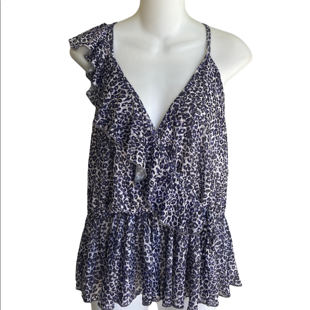 NWT Willow & Root Ladies L Cheetah Print Sleeveless Top Tank Surplice Ruffle